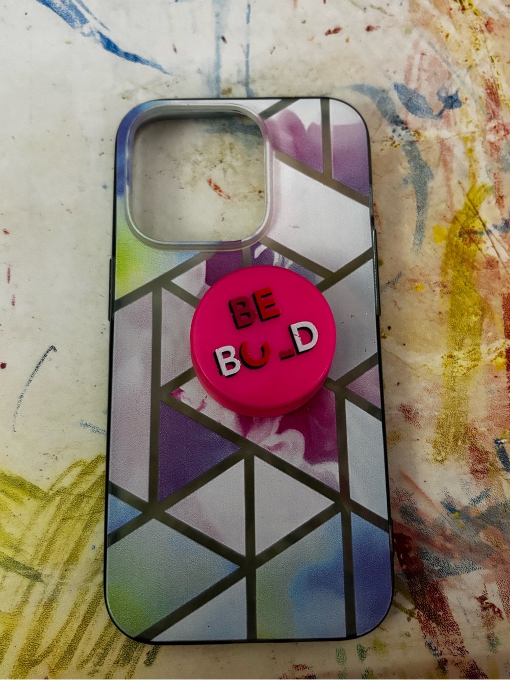 iPhone 15 Case with Pink BE BOLD Pop Socket- Geometric Pastel Design